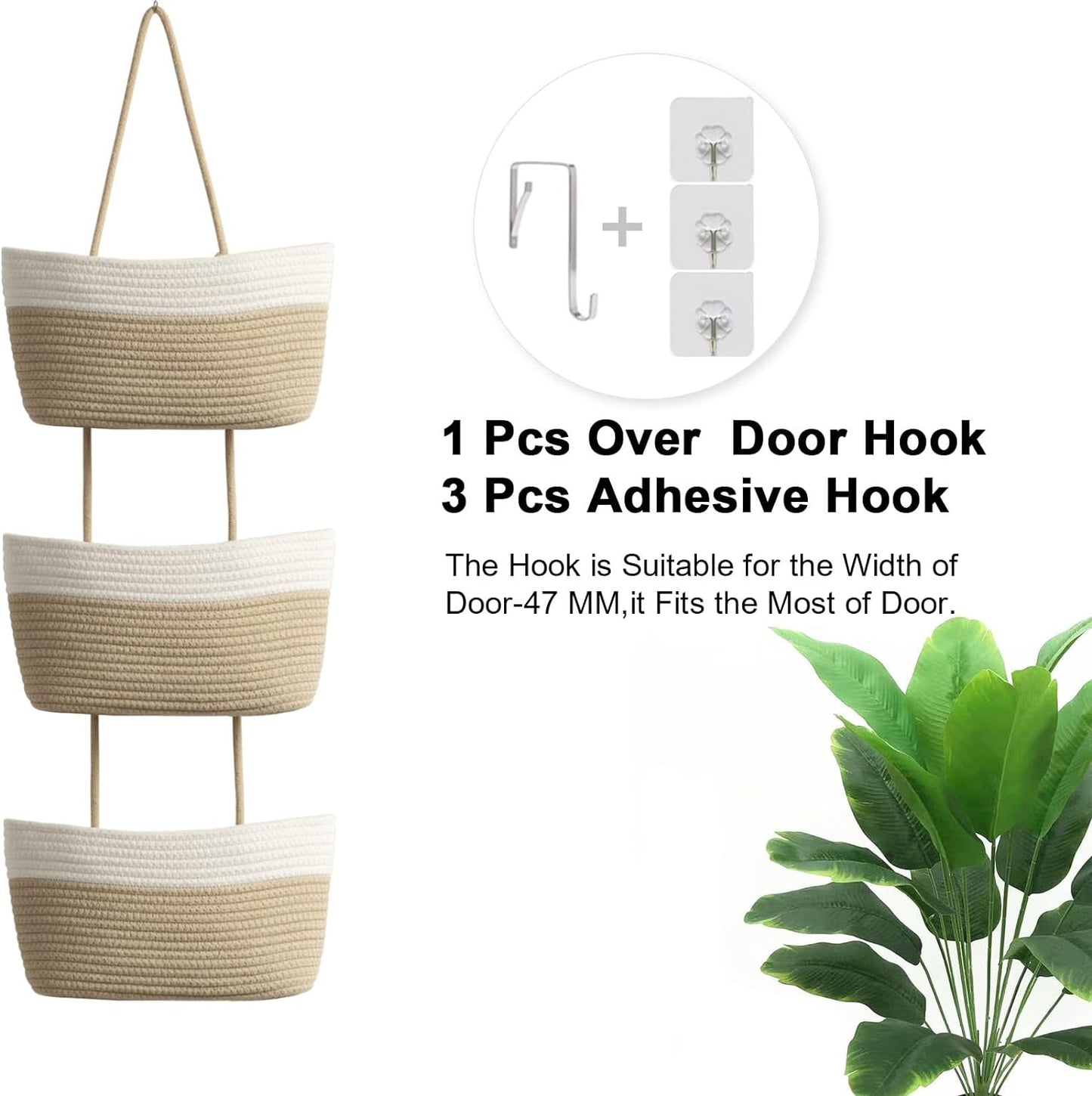 TeoKJ Over the Door Hanging Basket, 3-Tier Woven Cotton Wall-Mounted Storage Organizer Bag Decorative Hanging Kitchen Baskets - White + Jute