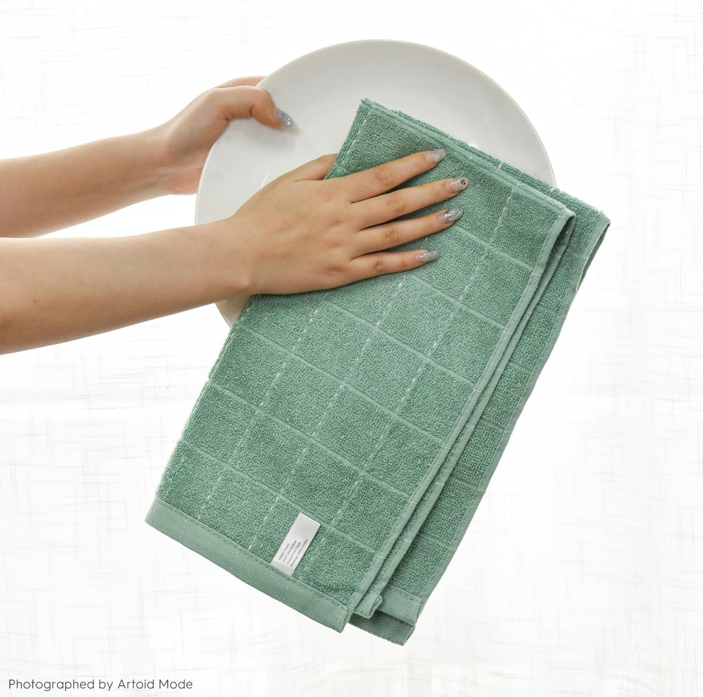 Artoid Mode Checkered Designed Cotton Dark Green Terry Kitchen Dish Towels, 15x25 Inch Soft Absorbent Quick Drying Cleaning Tea Towels Set of 4