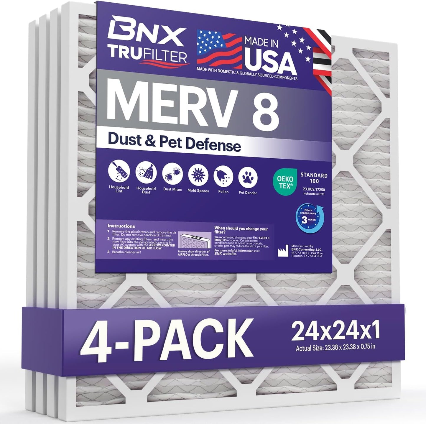 BNX TruFilter 24x24x1 Air Filter MERV 8 (4-Pack) - MADE IN USA – Air Conditioner HVAC AC Furnace Filters for Dust, Pet, Mold, Pollen MPR 600 – 700 & FPR 5 (Actual Size: 23.38 x 23.38 x 0.75 Inches)
