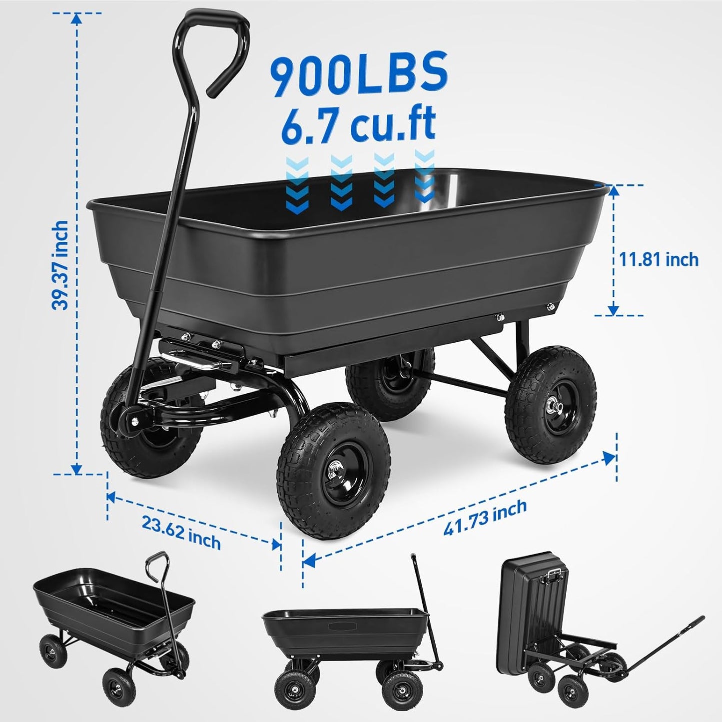 Yesker Garden Carts - 900lbs Dump Wagon with All Terrain Inflatable Wheels for Yard Lawn Farms Gardening - Heavy Duty Utility Outdoor Hauling Wheelbarrow