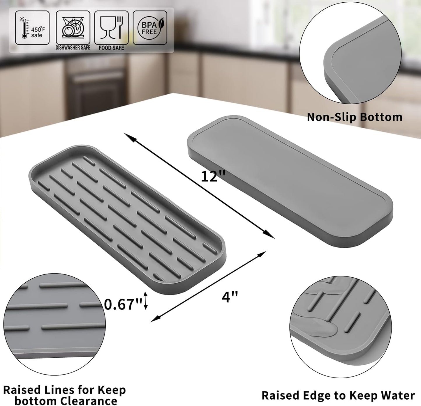 Silicone Kitchen Sink Organizer Tray for Multiple Usage,Eco-Friendly Sponges Holder for Kitchen Bathroom Counter or Sink,Dish Soap Dispenser,Scrubber,Bottle,Cup (Grey, 12"×4")