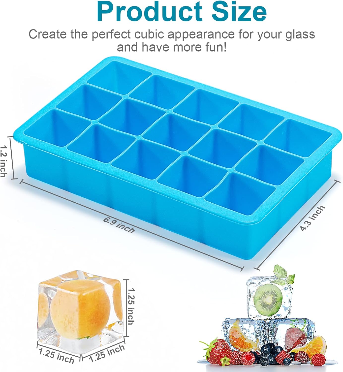 2 Pack Ice Cube Trays, ZDPMK Silicone Easy Release Flexible Molds 15 Ice Cubes Tray for Freezer，Cocktail，Whiskey，Reusable & BPA Free