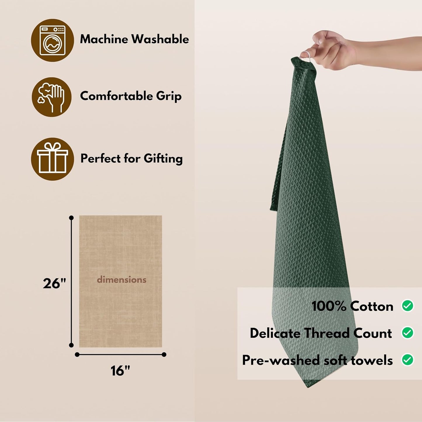 Native Fab Cotton Kitchen Towel with Hanging Loop 16x26 inches, 6-Pack, Waffle Weave Kitchen Towels for Cleaning Drying, Washcloths Soft & Absorbent Cloth Rags, Bar Towel, Dish Cloth, Olive Green