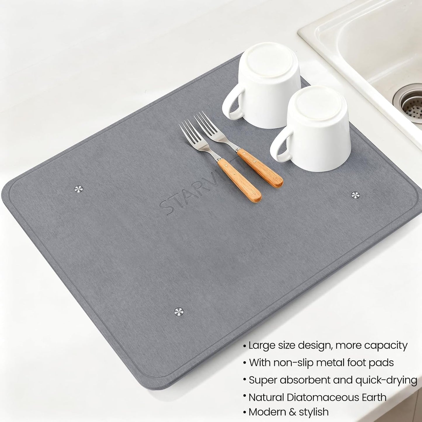 Large Stone Dish Drying Mats for Kitchen Counter,20"(L)×16"(W) Diatomaceous Earth Stone Mat With 4pc silver metal feet,Super Absorbent Fast Drying,Non-Slip Multi-purpose Kitchen Mat