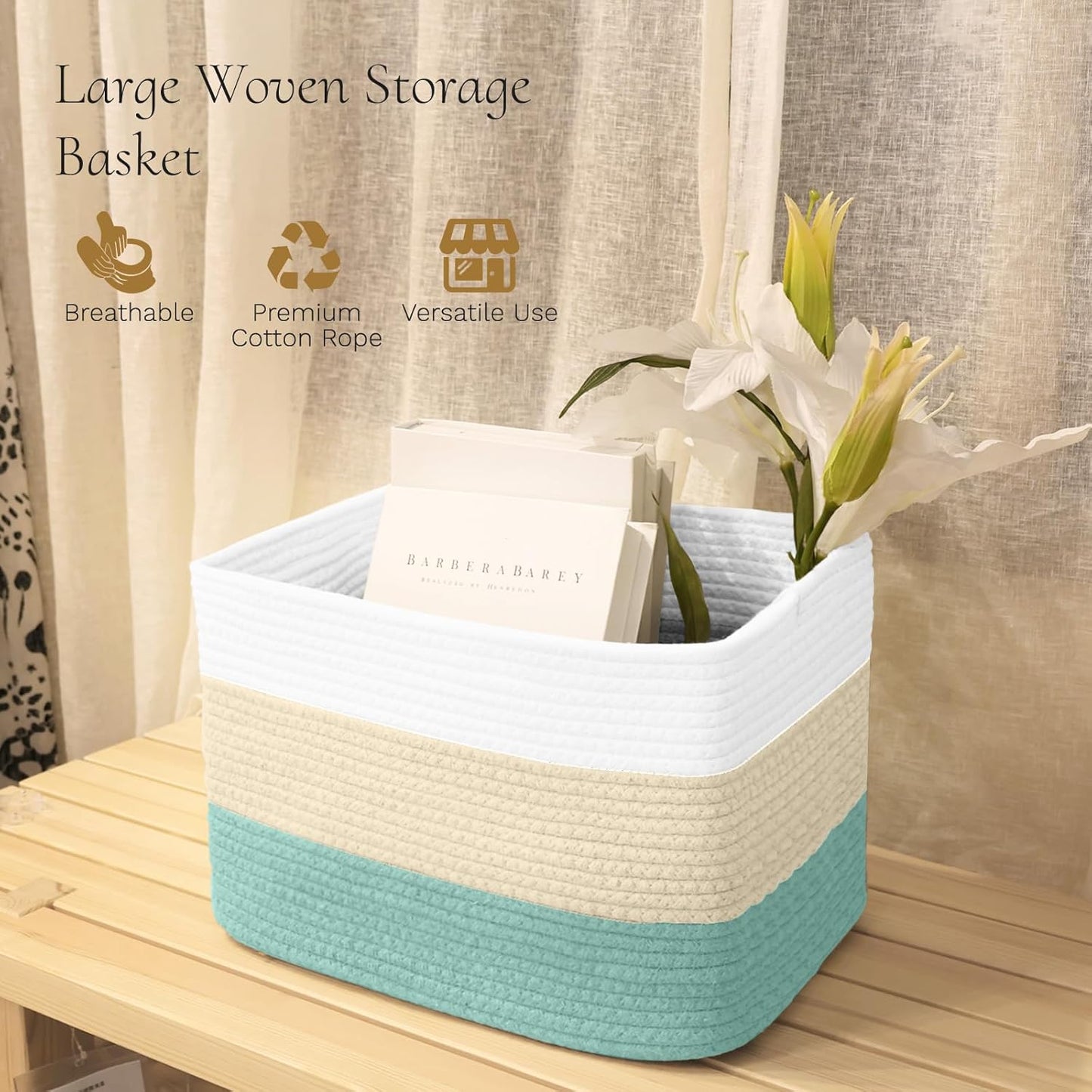 Hopegiver Woven Storage Baskets 15x11x10 Inch, 3 Pack Collapsible Cube Storage Bin for Shelves - Foldable Cotton Rope Organizer Bins for Towels, Toys, Books, Closet, Nursery (White Cream Green)
