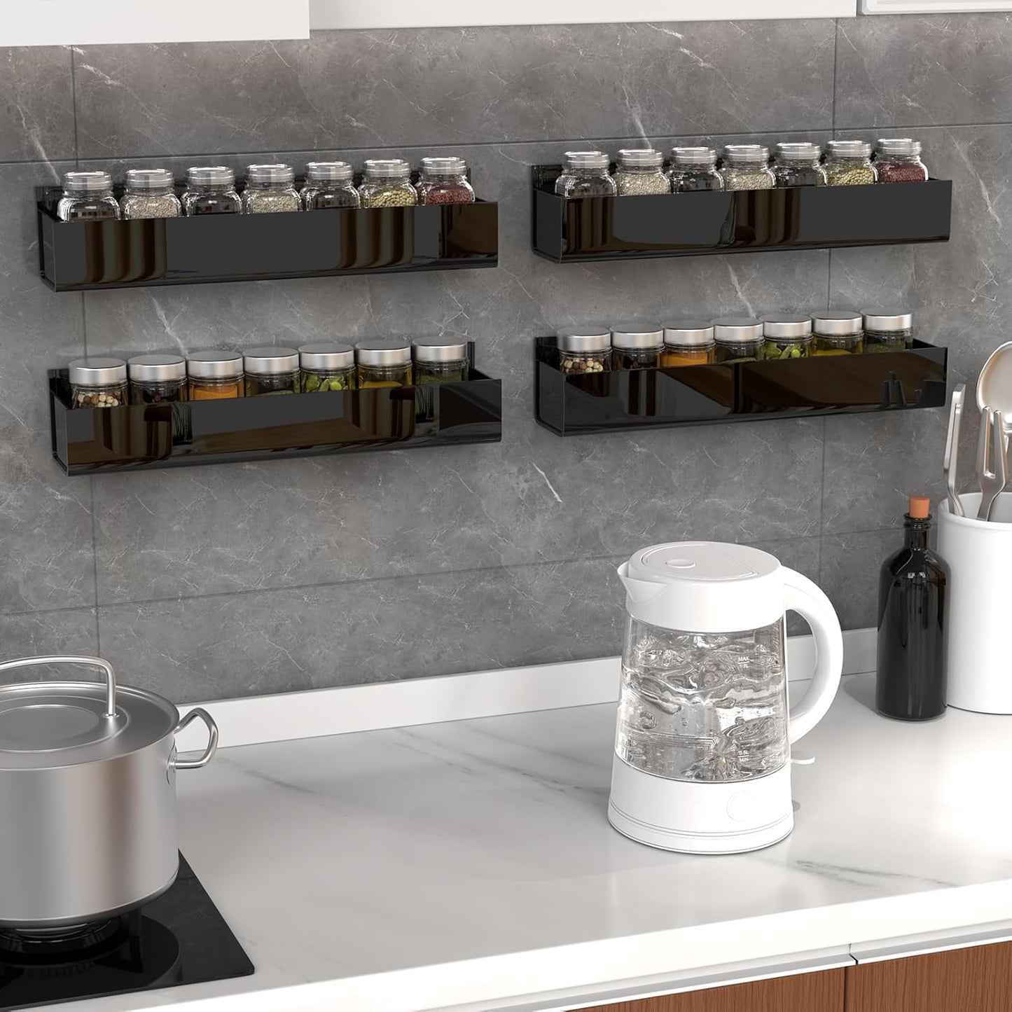 PMMASTO Adhesive Acrylic Spice Rack Organizer for Wall with Nano Double Sided Tape, Spice Shelf Organization for Kitchen Cabinet Door/Pantry Door, Wall Mount Seasoning Rack (Black - 4 Pack)