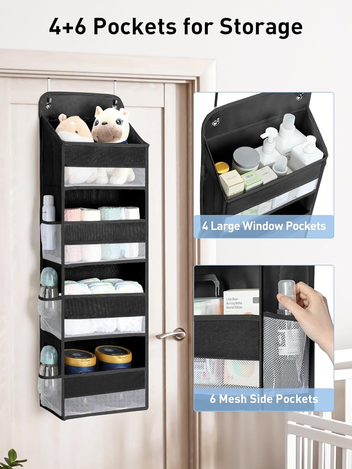 Yecaye 1 Pack Over the Door Organizer, 35.2lbs Load Toy Stuffed Animal Storage, Swing-proof Hanging Bathroom Organizers and Storage for Nursery Newborn Baby Essential Stuff Black