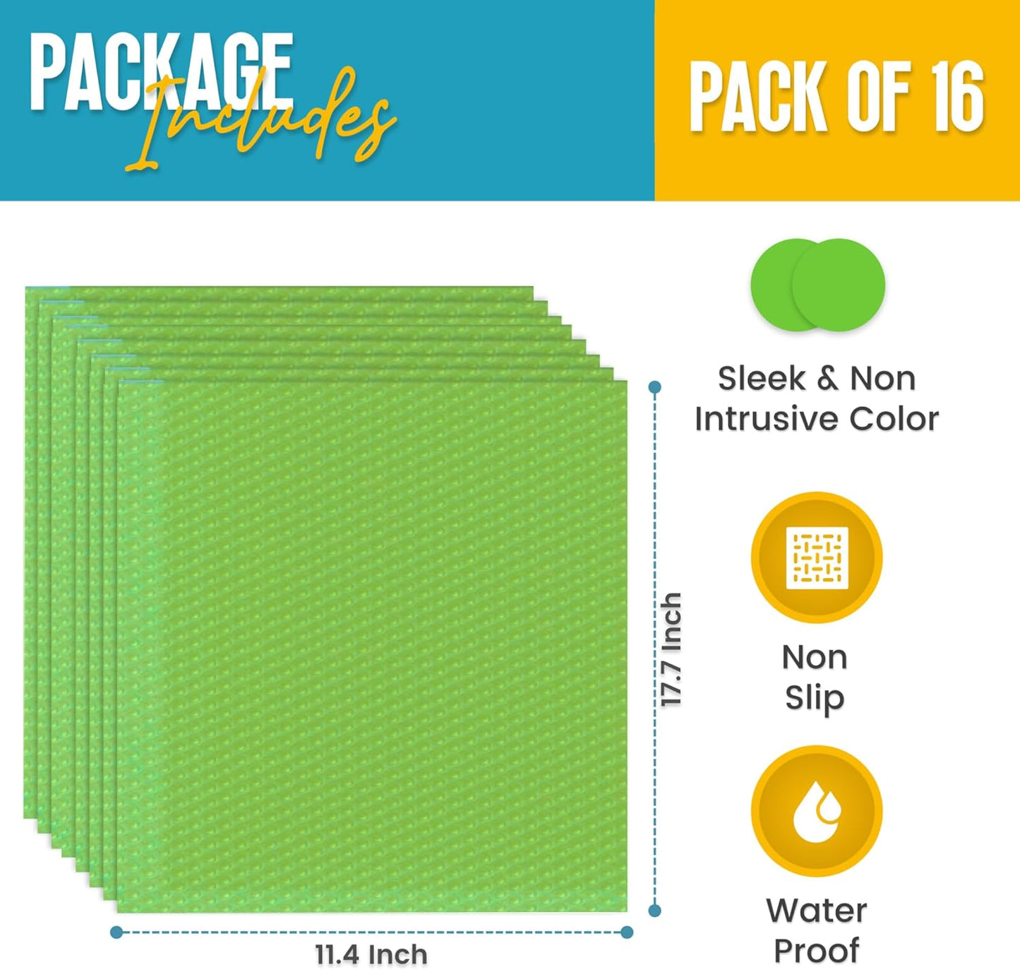 Refrigerator Liners for Shelves (16 Pack) by Linda’s Essentials - Non-Adhesive Shelf or Drawer Liner, BPA-Free Fridge Mats for Kitchen & Cabinets, Easy to Clean, Ideal Household Essentials (Green)