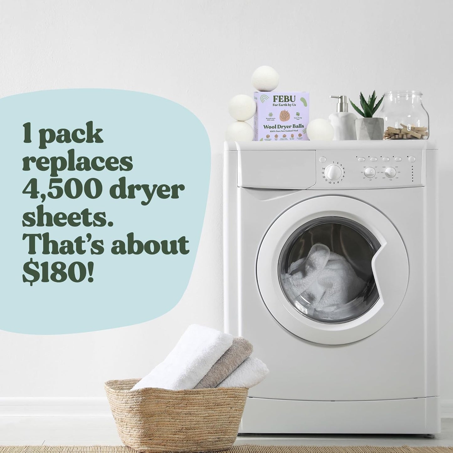 FEBU Wool Dryer Balls, 6-Pack, XL | 100% New Zealand Wool | Natural, Reusable Fabric Softener | Alternative to Dryer Sheets | Reduces Wrinkles, Shortens Drying Time, Zero Waste