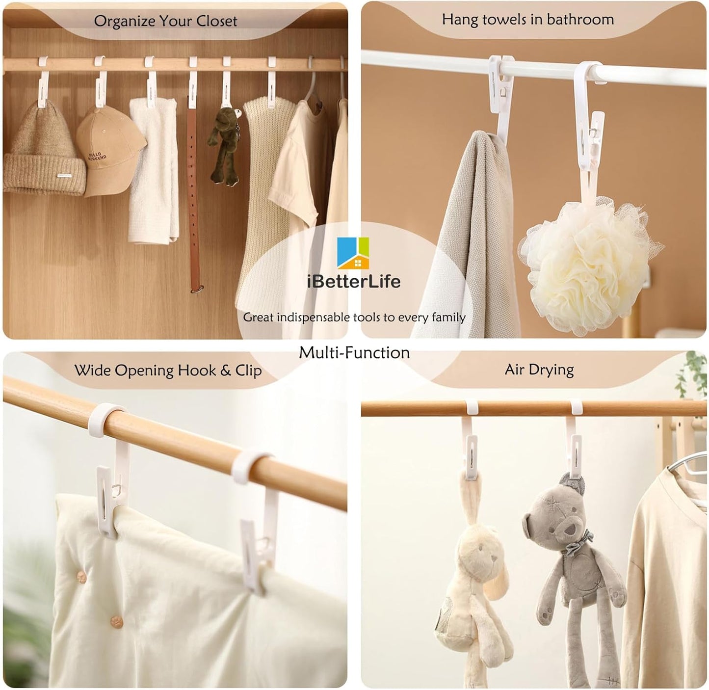 iBetterLife Clothes Pins Heavy Duty Outdoor - 8Pcs Large Laundry Hook Hangers with Clips Closet Organizer Clamps Hanging Socks Boot Bras Towels Shower Pegs for Bathroom Wardrobe Kitchen Office