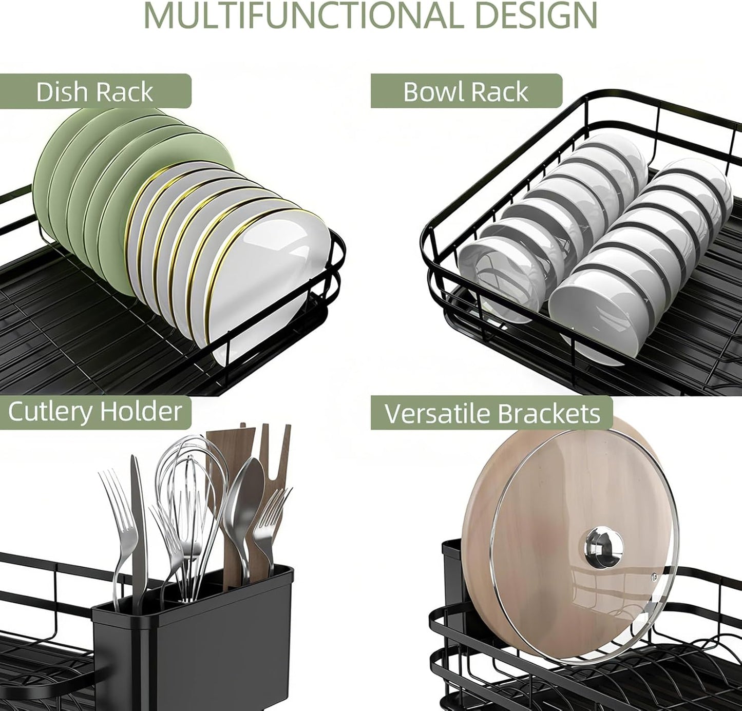 Dish Drying Rack Stainless Steel Drying Racks for Kitchen Counter Large Capacity Storage Racks with Drainboard Curlery Holder Black