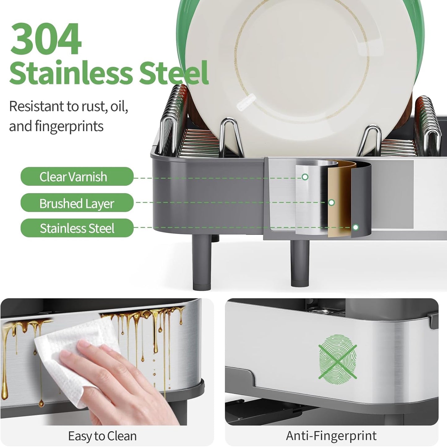 Expandable Dish Drying Rack,Foldable 304 Stainless Steel Dish Rack with Dual Parts, Extendable Dish Drainer Rack for Kitchen Counter, Dish Drying Rack with Cutlery Holder Gray