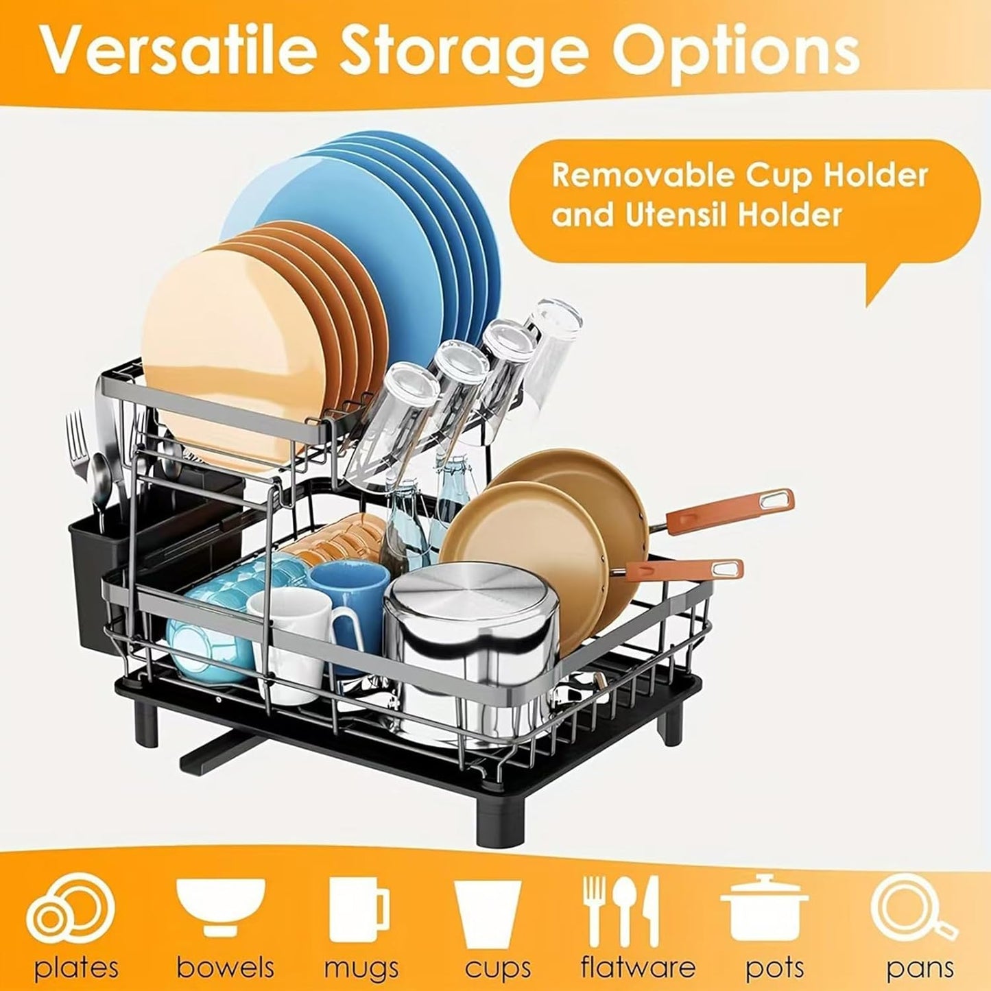 Dish Drying Rack, Space Saving & Durable, Rust-Proof Large 2 Tier Stainless Steel Dish Racks for Kitchen Counter with Cutlery & Cup Holder & Drainboard -Grey