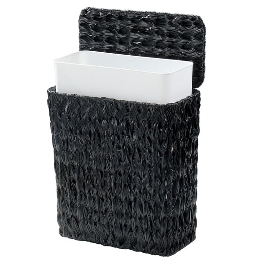 Black Wicker Trash Can with Lid and Liner,Waterproof Narrow Waste Basket for Bathroom,Bedroom,Office,3 Gallon
