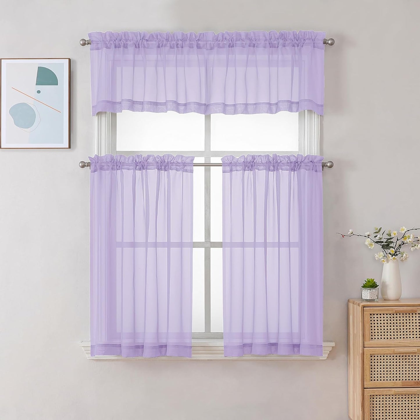Chyhomenyc Sheer Lilac Tier Curtains 24 Inch Length, Small Window Curtains Treatment for Bathroom Living Room Basement, Short Rod Pocket Cafe Curtain, 42W x 24L Inches, 2 Panels