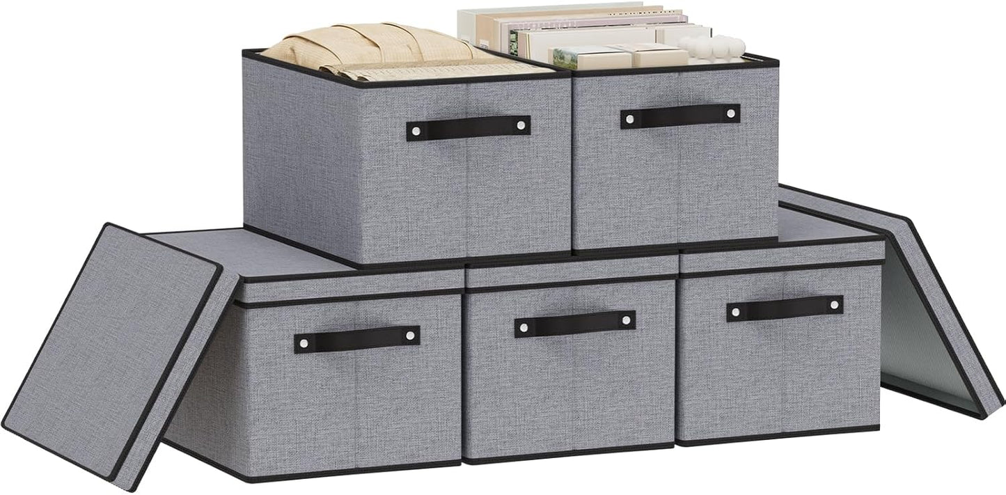 Clothing Storage Bins, Blanket Baskets for Shelves, Fabric Cubes with Handles and Lids, Decorative Linen Closet Organizers Boxes, Gray, 5 Pack, 16.5 x 11.8 x 10.2 Inch