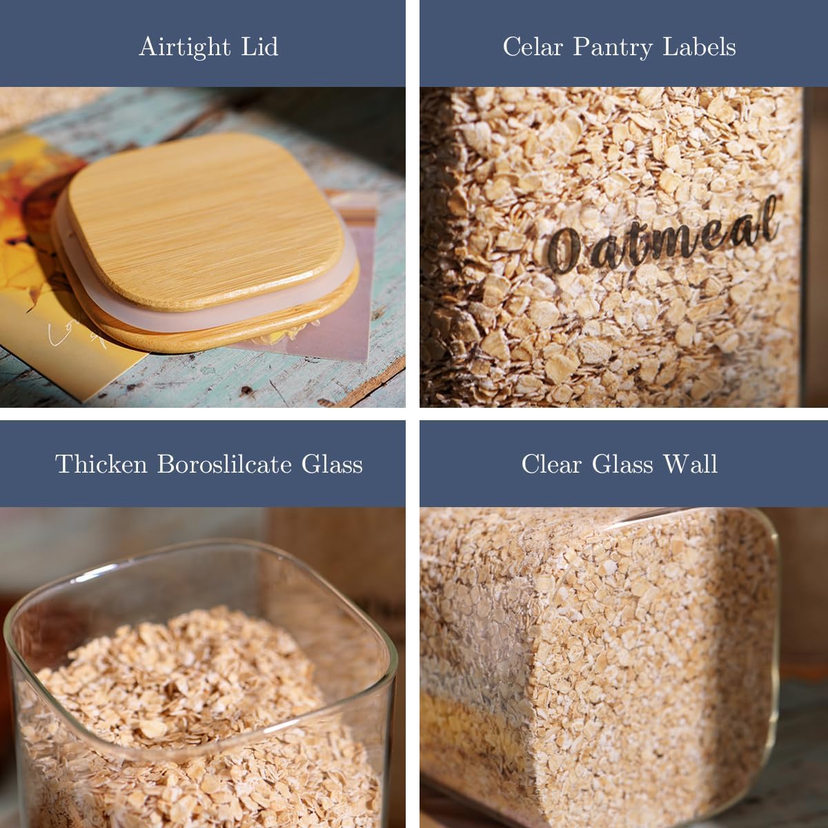 6 Pcs Square Glass Pantry Storage Containers with Bamboo Airtight Lid and 248 Clear Pantry Labels Preprinted - 37oz Thicken Glass Food Storage Jars for Coffee, Cookie, Tea, Sugar, Spice
