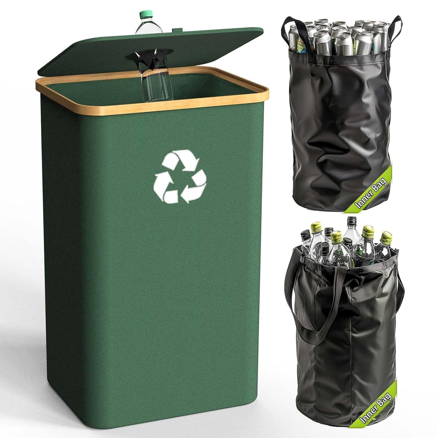 Recycling Bin for Kitchen Indoor Home, Large 100L/ 26 Gallon Recycle Bin with Lid Removeable Reusable Inner Bag Bottle Can Glass Waste Plastice Stickers (Green, 26 Gallon)