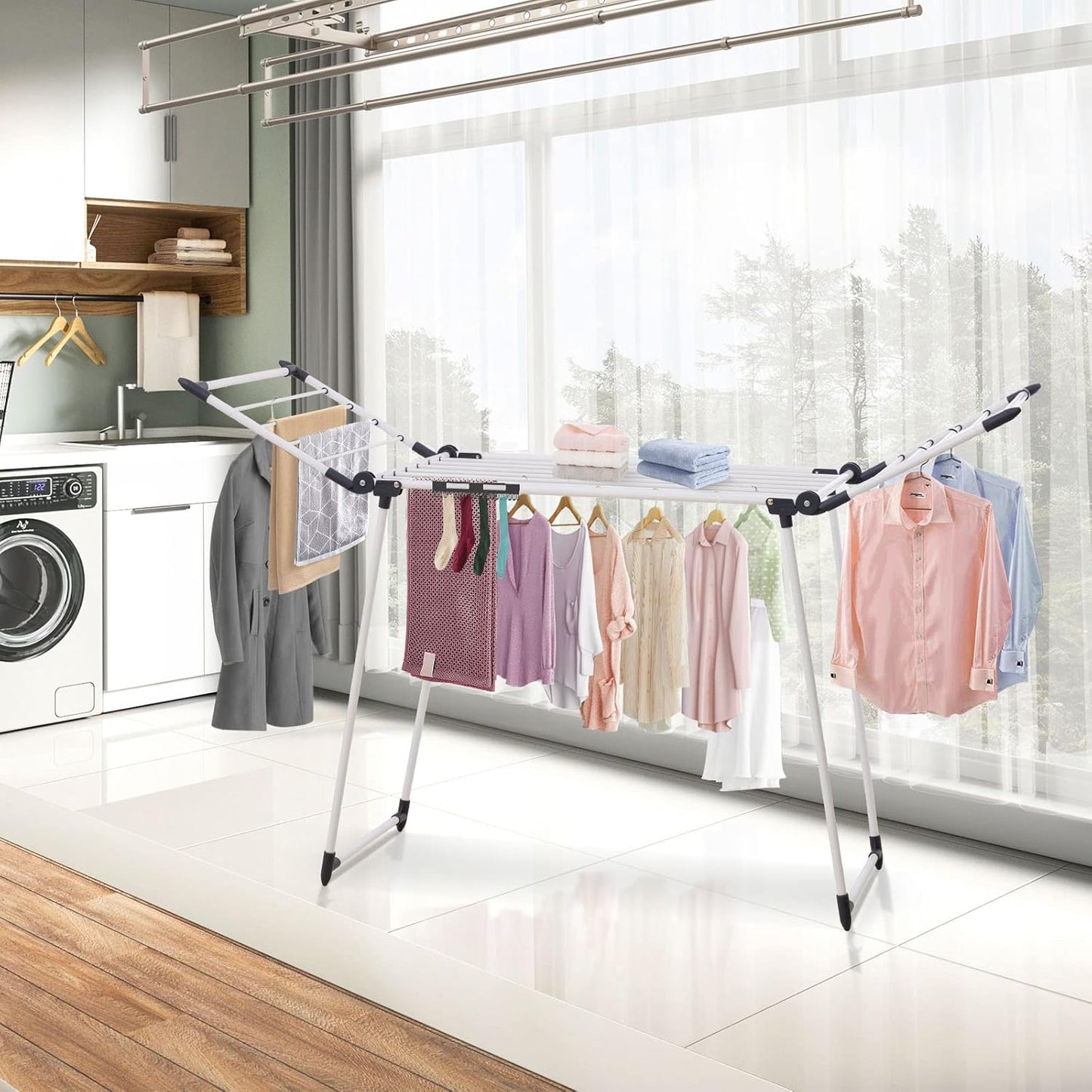 Clothes Drying Rack, Gullwing Laundry Rack, Collapsible, Space-Saving Laundry Rack, with Sock Clips, for Clothes, Towels, Linens, Indoor/Outdoor