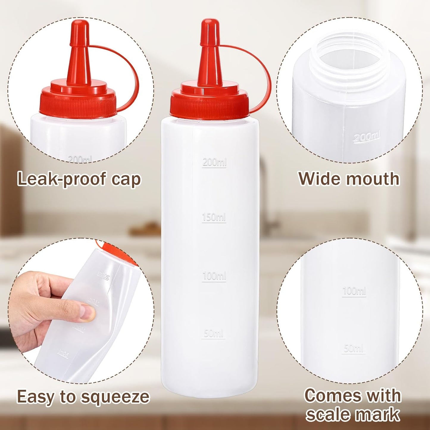 Condiment Squeeze Bottles Ketchup Dispenser, 4 Pack 8oz Squeeze Bottles for Liquids, Plastic Sauce Bottle with Cap Lid, Squirt Bottles for Sauces Liquids BBQ Dressing Pancake Art