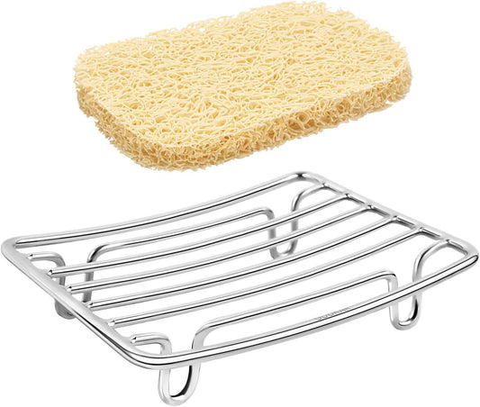 Bar Soap Dish Holder for Shower Bathroom Stainless Steel Rust Proof Self Draining with Beige Soap Saver Pad
