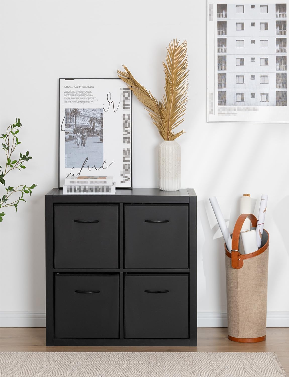 StorageWorks Black Storage Cubes, 13-inch Leather Bins with Handle, Cube Organizer Baskets for Shelves and Closet, Collapsible Storage Bins, 4-Pack