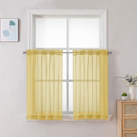 Chyhomenyc Yellow Sheer Curtains 30 inch Length 2 Panels, Light Filtering Voile Rod Pocket Short Window Curtians for Bathroom Living Room Farmhouse Small Windows, 42Wx30L inches