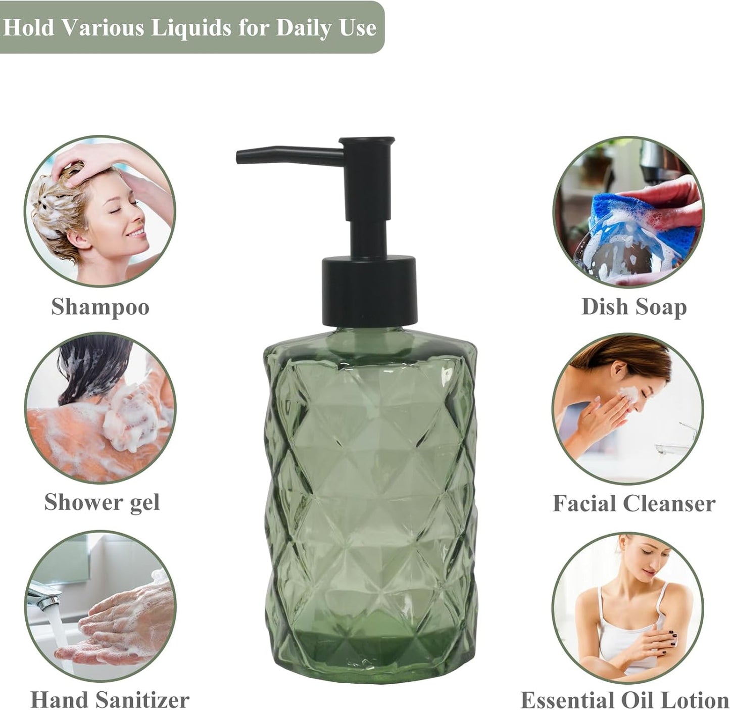 Green Glass Soap Dispenser, 12oz Bathroom Hand Dispenser, Lotion Dispenser with Black Plastic Pump for Modern Home Decor, Kitchen Countertop, Hotel