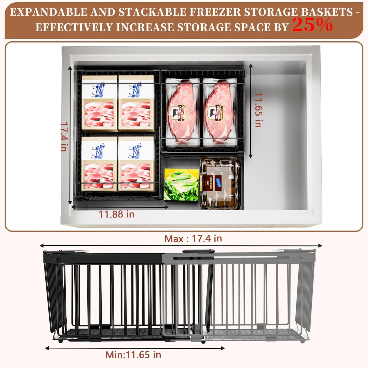 Large Freezer Organizer Bins，Upgraded Bottom Leak-Proof net，Fit 10 to 20 Cu Ft Chest Freezer，3 Pack， Expandable Stackable Chest Freezer Containers with Handle(Black-3Pack)