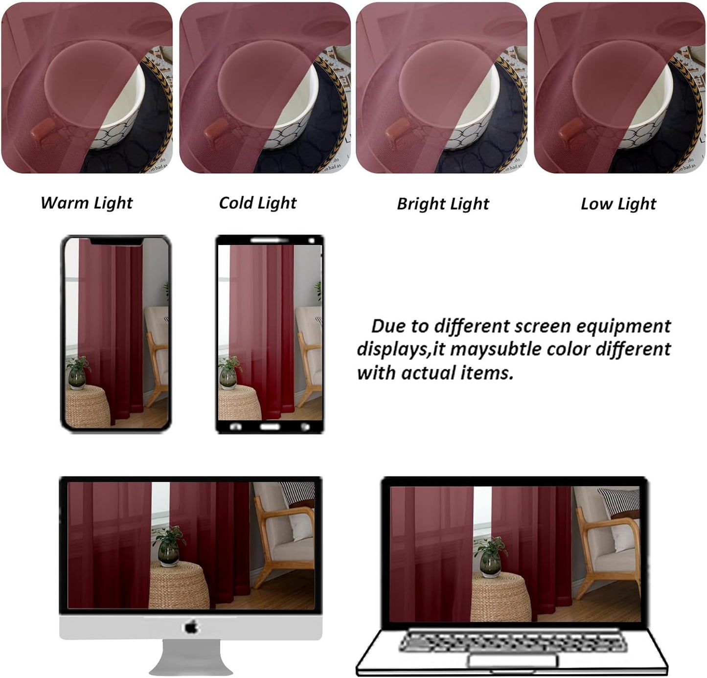 Chyhomenyc Burgundy Sheer Curtains 63 Inches Long 2 Panels Set, Light Filtering Voile Window Drapes for Bedroom Living Room, 42Wx63L Inch, Burgundy, 2PCS