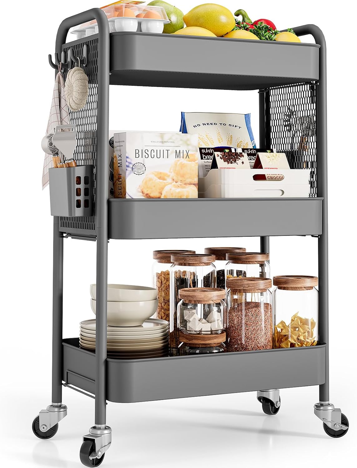 TOOLF 3 Tier Rolling Cart Storage Organizer, Metal Rolling Utility Cart with Wheels, Hooks & Bins Esthetician Craft Art Sturdy Storage with Pegboard for Bathroom, Kitchen, Office, Nursery Diaper