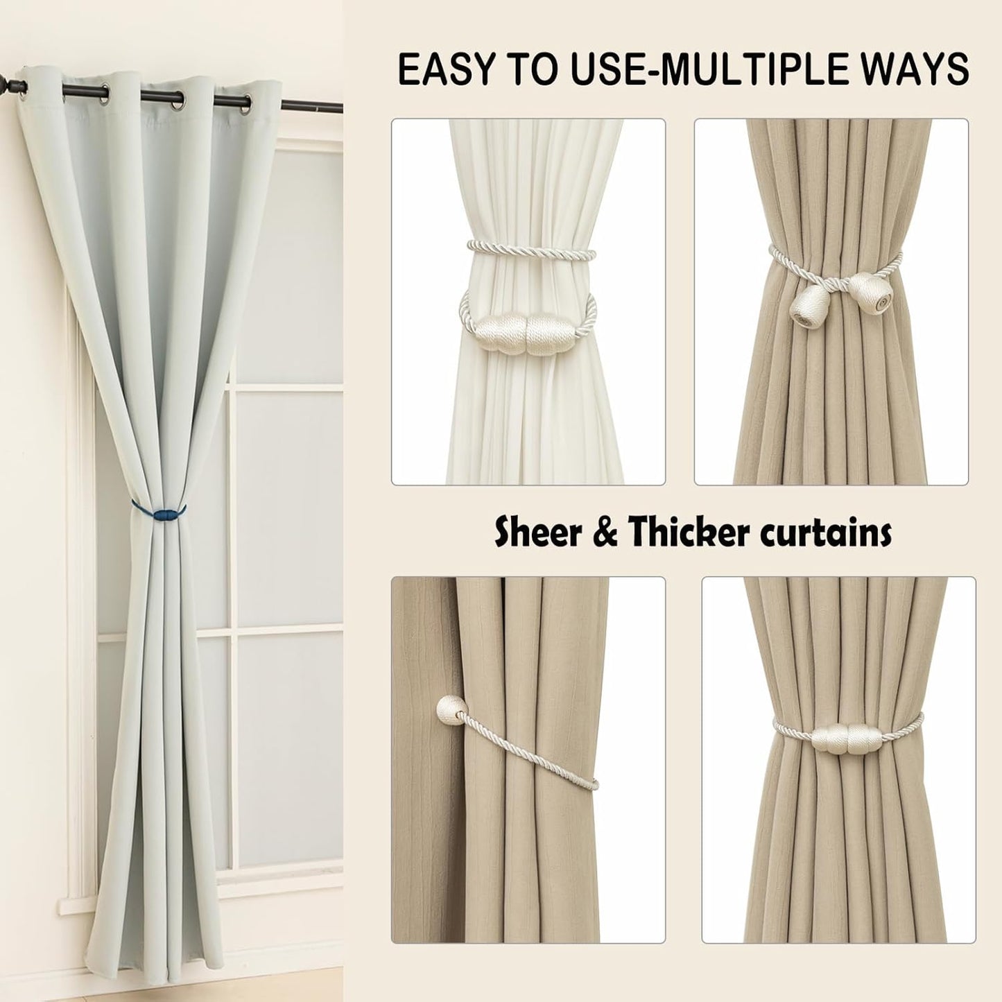 Magnetic Curtain Tiebacks Rope Tie Backs 2 Pack Curtains Holders for Drapes Decorative Window Holdbacks, White