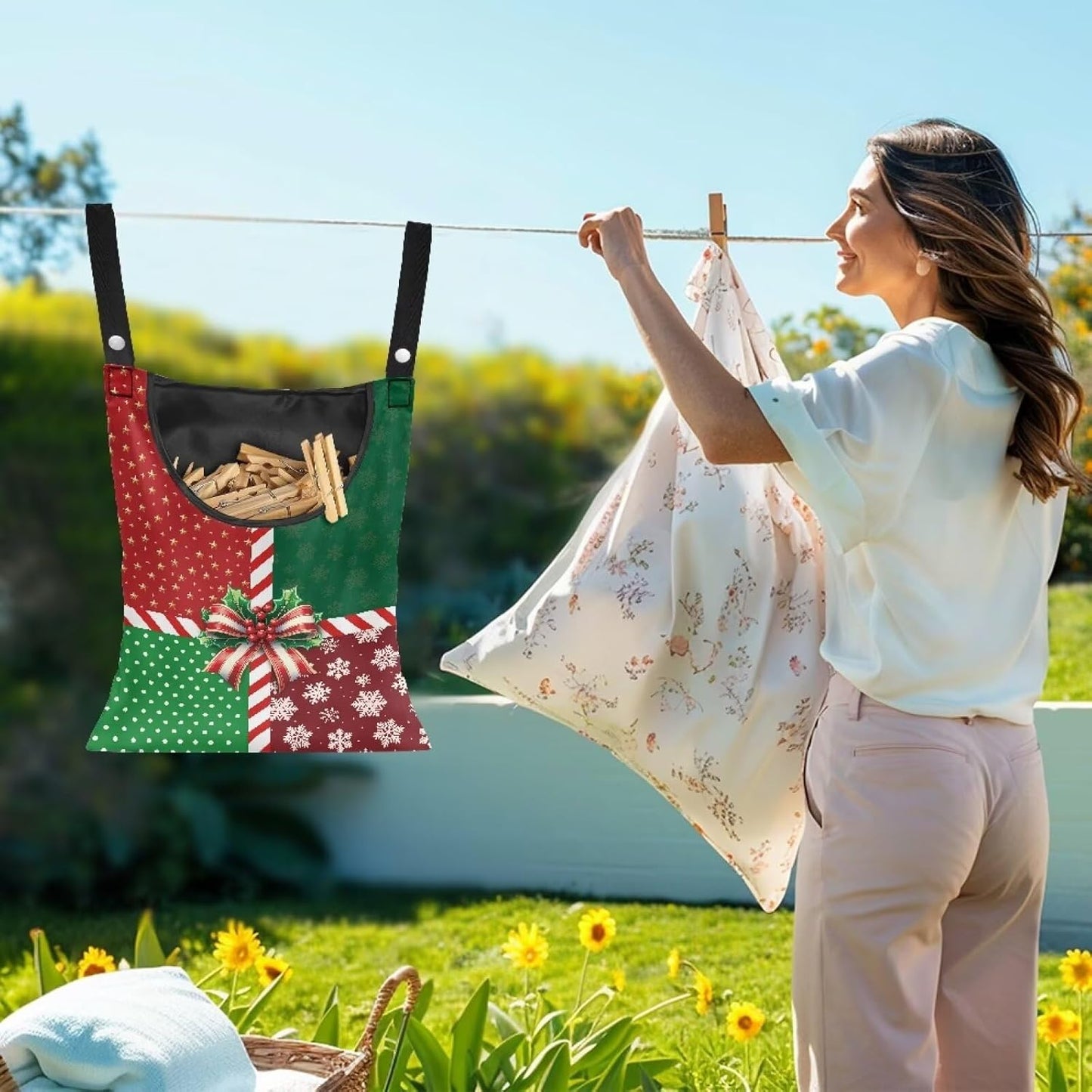 Christmas 2025 Adjustable Clothespin Storage Bag - Hanging Rope Organizer for Indoor/Outdoor Laundry Room & Closet Door