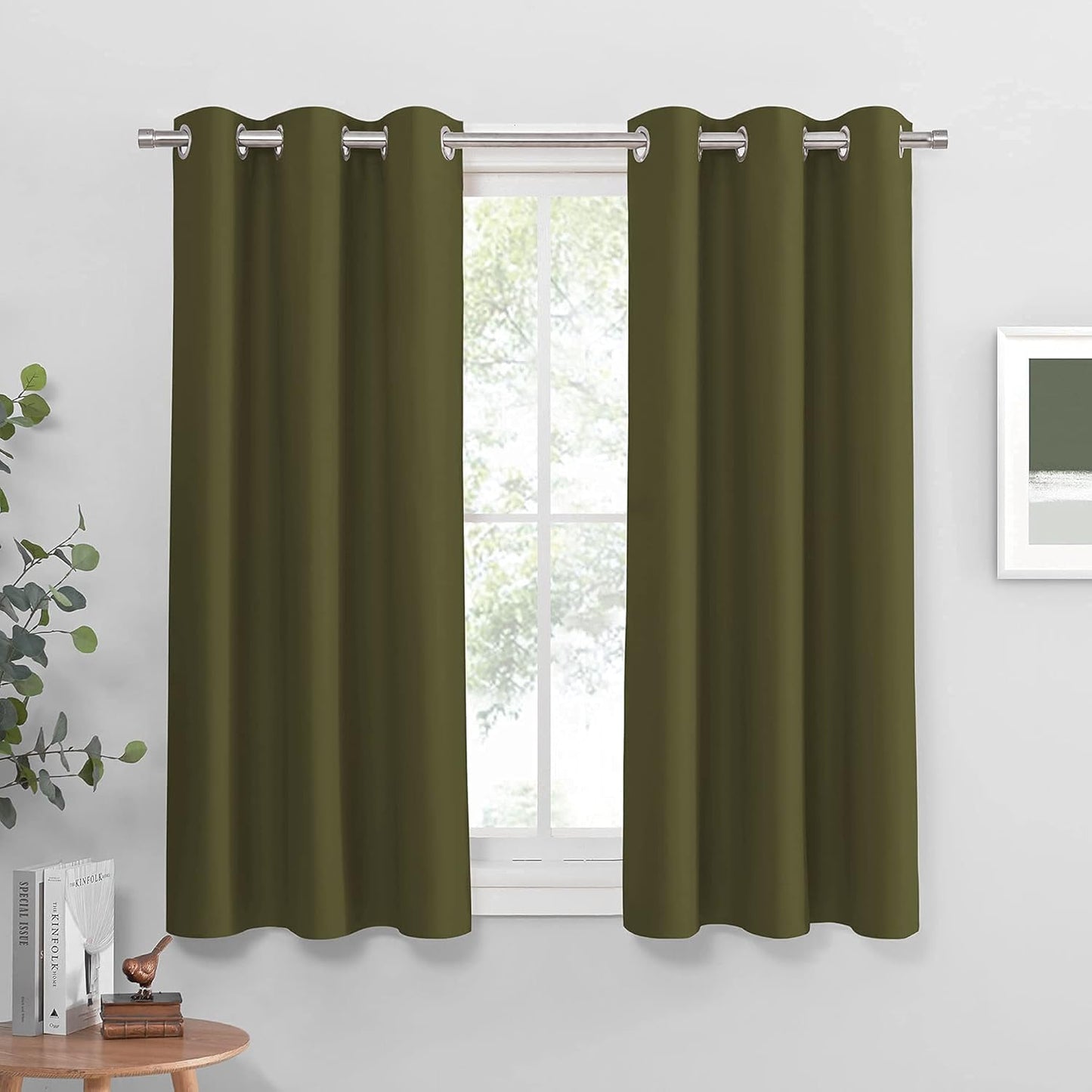 PONY DANCE Home Decoration Panels - Light Block Curtains Elegant Room Darkening Window Coverings Energy Saving Curtains Draperies for Dining Room, Wide 42" by Long 54", Olive Green, 2 Pcs