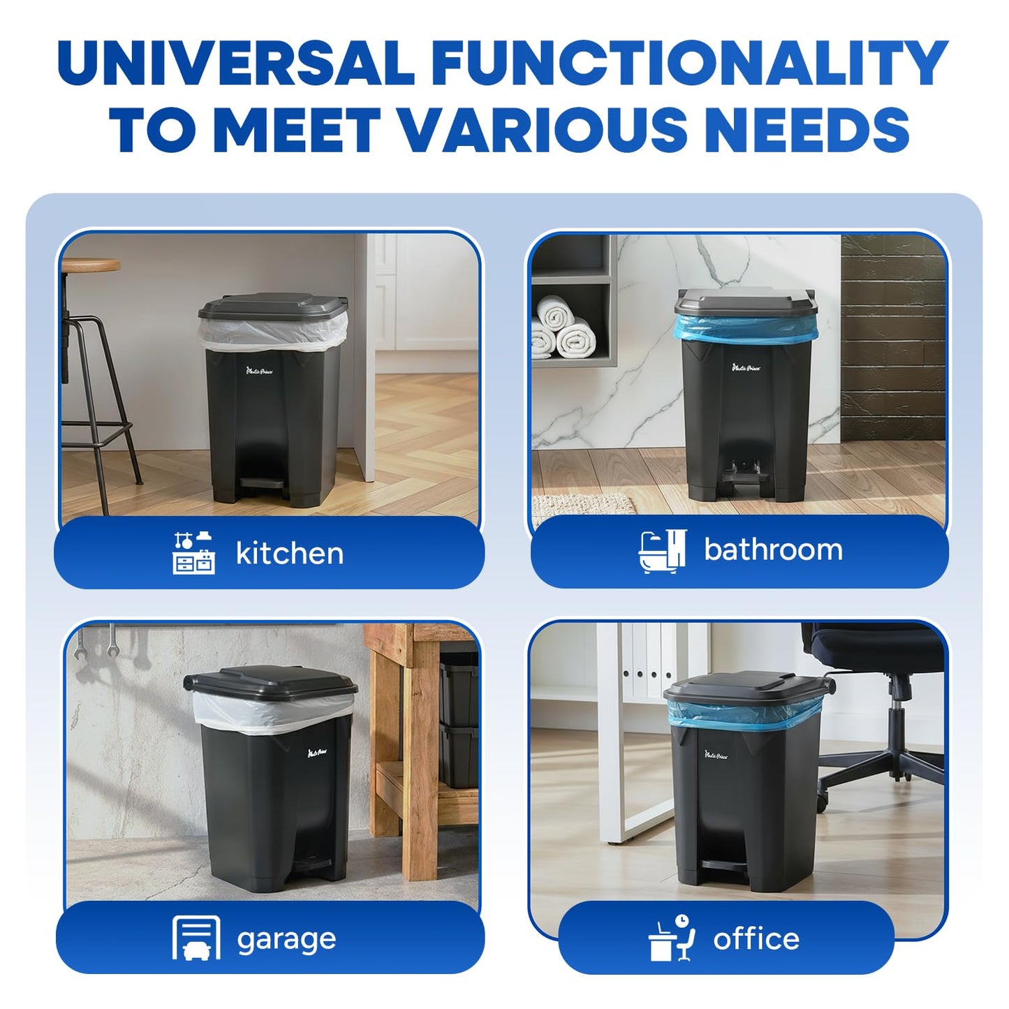 14 Gallon Step-On Trash Can/Container, Black Plastic Dustbin with Lid and Foot Pedal, Hands-Free Disposal