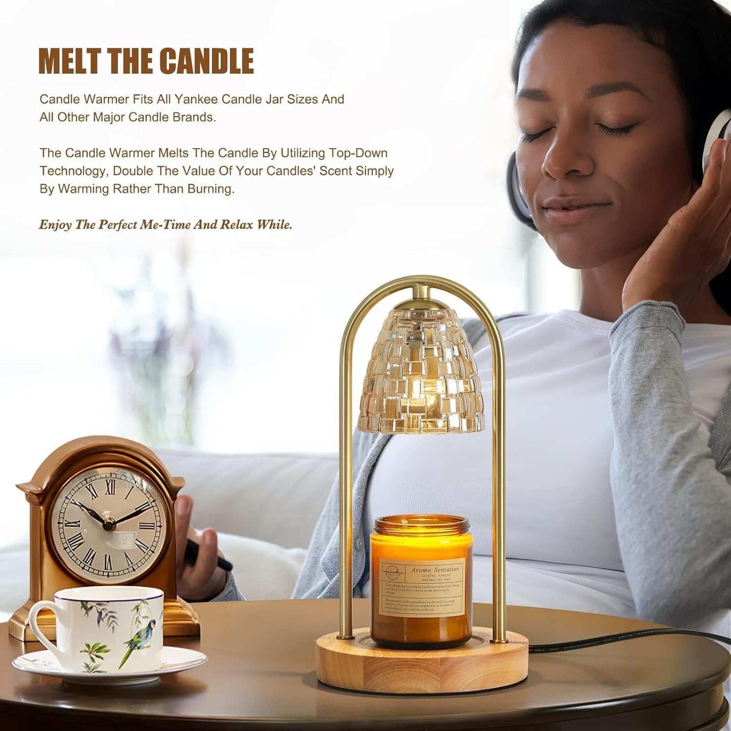 Candle Warmer Lamp with Timer and Dimmer, Electric Scented Wax Warmer for Bedroom, Home Decor Aroma Candle Holder Night Light/Table Lamp - Gift (ABC-Golden-Oval)