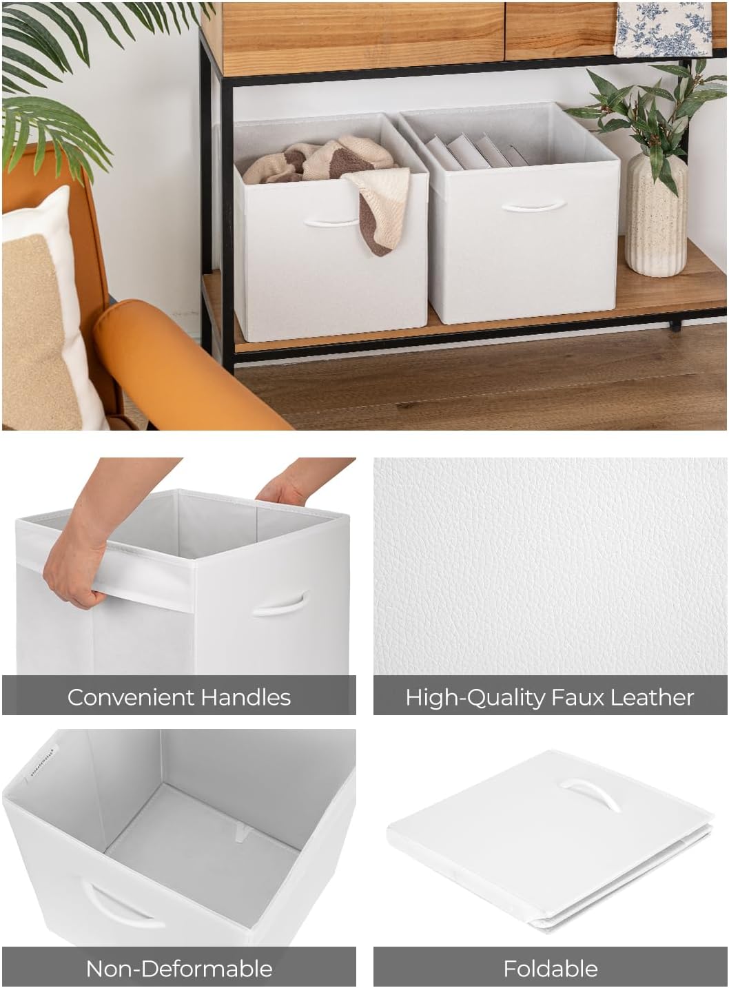 StorageWorks White Storage Cubes, 13-inch Leather Bins with Handle, Cube Organizer Baskets for Shelves and Closet, Collapsible Storage Bins, 4-Pack