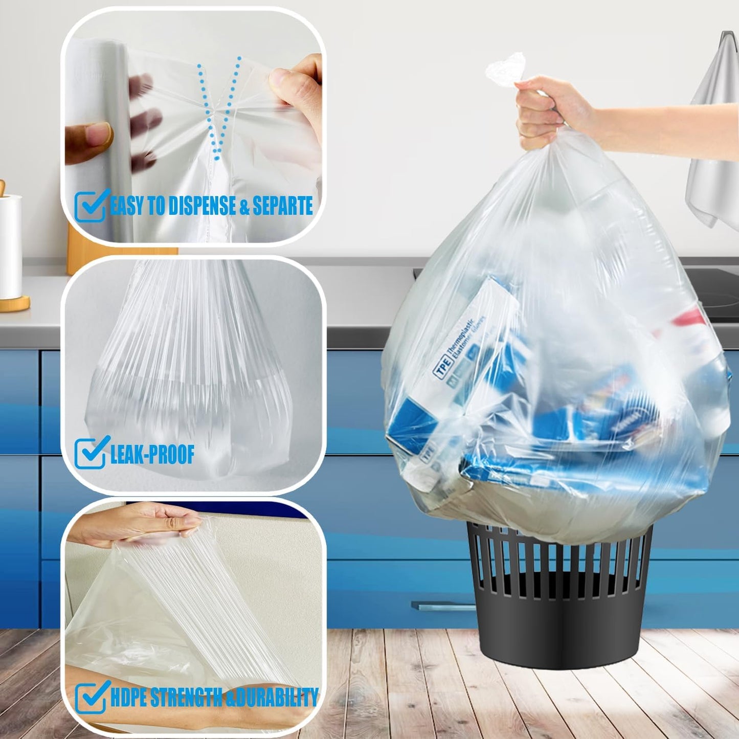 Trash Bags 8-10 Gallon, 1000 Count Bulk Value Pack, Clear Plastic Recycling Bags, Multi-purpose Garbage Bags Can Liners for Business Home Kitchen Commercial and Industrial
