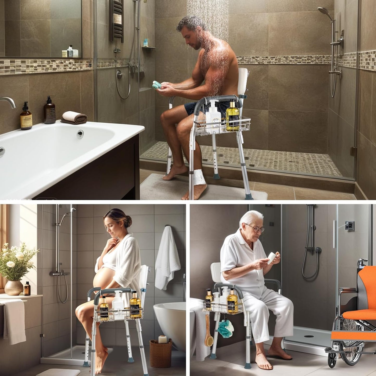 DELLAN Hanging Shower Caddy, Shower Rack with Hooks for Shower & Bath Chair, Bathroom Shower Basket for Elderly, Pregnant, Handicap, Patient