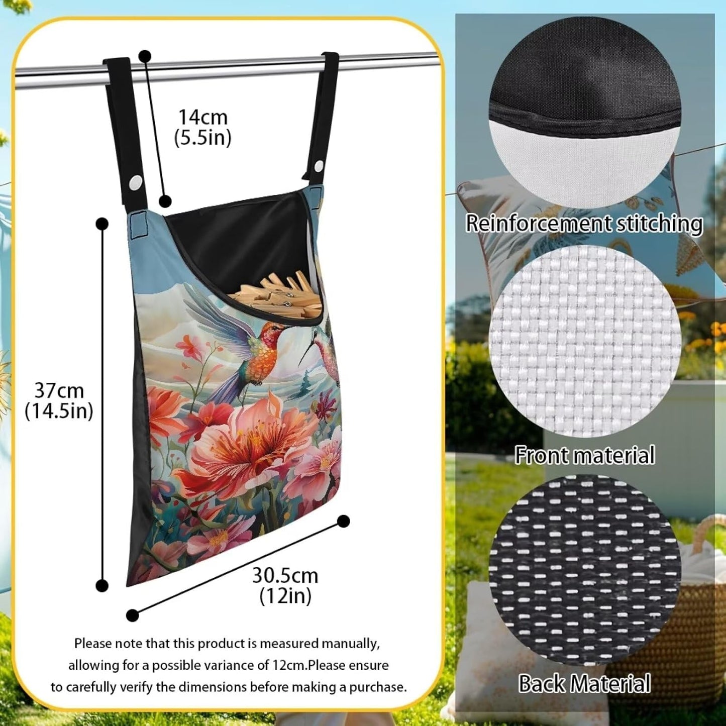 Hummingbird Hibiscu Large Capacity 14.5 x 12 Inch Clothespin Bag with Hanging Hook Waterproof Clothes Pin Hanging Bags Clothespin Storage Organizer with Large Opening