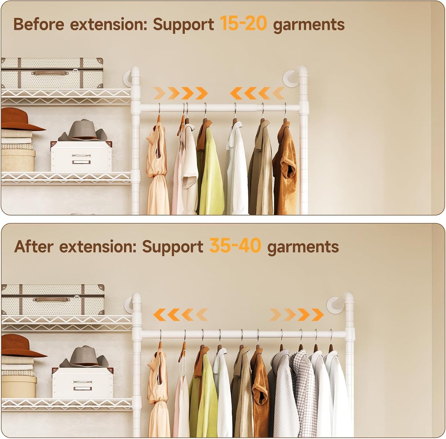 ONBRILL H3 Wall Mounted Closet System, Expandable Industrial Pipe Clothes Rack Clothing Rack for Hanging Clothes, Heavy Duty Closet Organizers and Storage in Wardrobe Closet, White