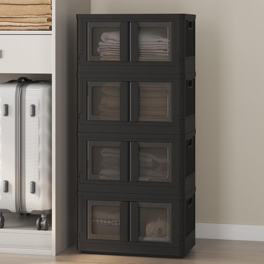 FLEXIMOUNTS 150 QT Stackable Storage Bins With Lids, Collapsible Plastic Storage Bins, Closet Organizers and Storage Containers with Doors and Built-in Wheels For Home, 4 Pack Cubes, Black
