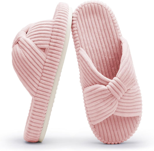 Chantomoo Slippers for Women Memory Foam House Bedroom Corduroy Bow Crossbands Slide Slipper Shoes Comfy Trendy Gift Slippers