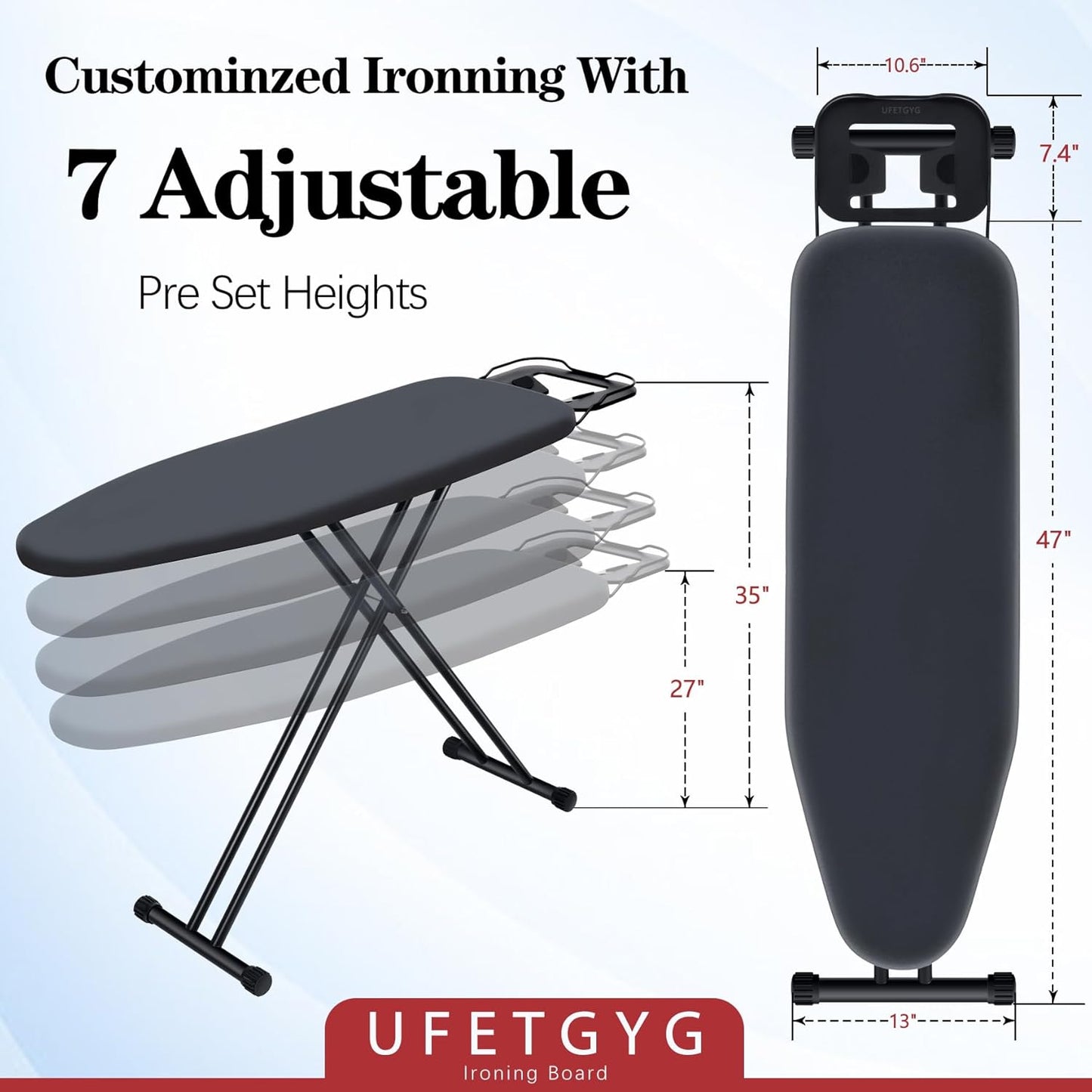 Ironing Board, Metal Panel Iron Board |43" X 13" W/with Iron Rest | Full Metal Construction| Height Adjustable | Heat & Scorch Resistant Fabric | Anti-Skid Feet | Heavy Duty| Easy to Fold