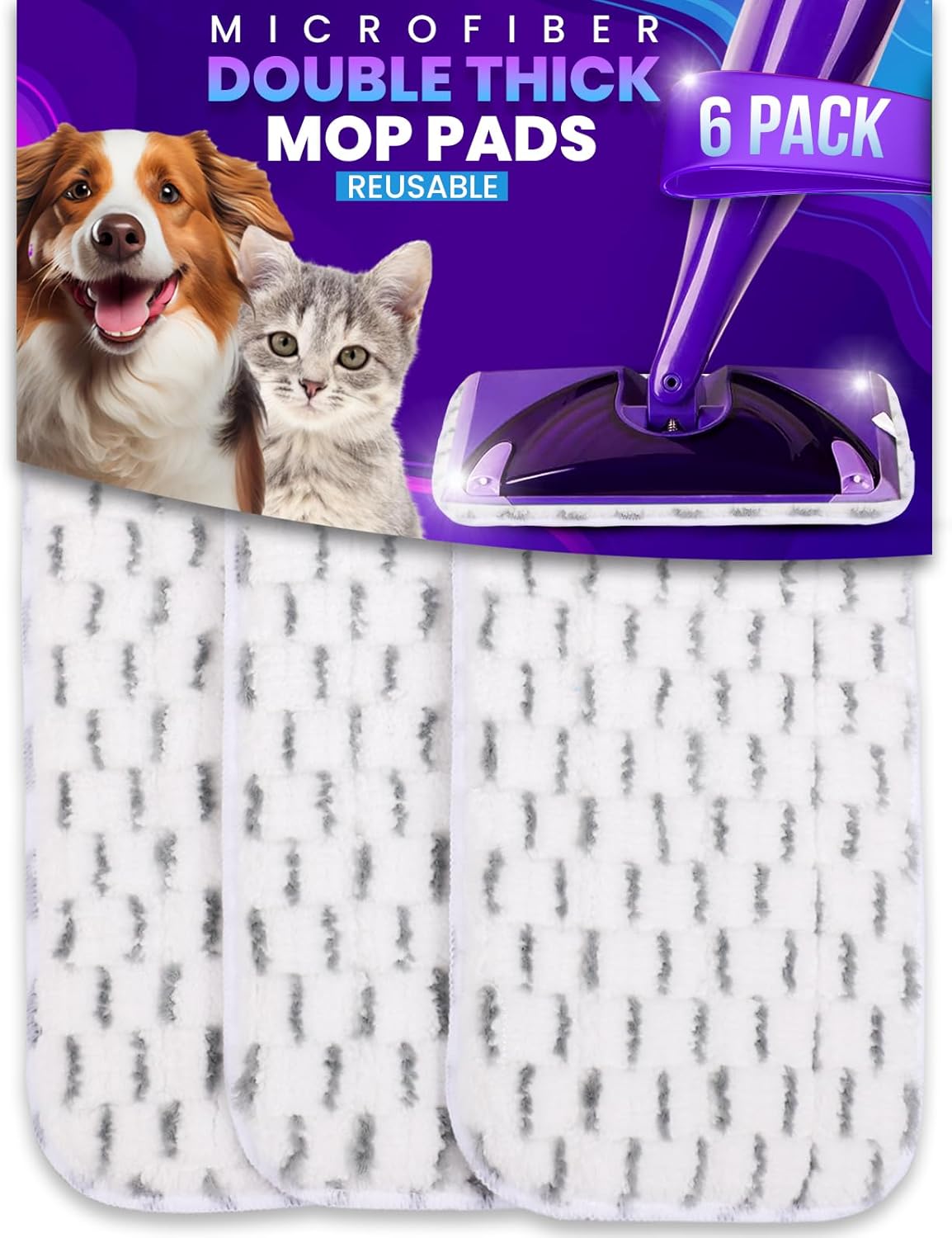 6pcs of Universal 11-inch Velcro Type Reusable Floor Mop Pads Compatible with Swiffer Wet Jet Refills Machine Washable Thick Microfiber Wet Pads for Hardwood and Household Cleaning Supplies (6pcs)