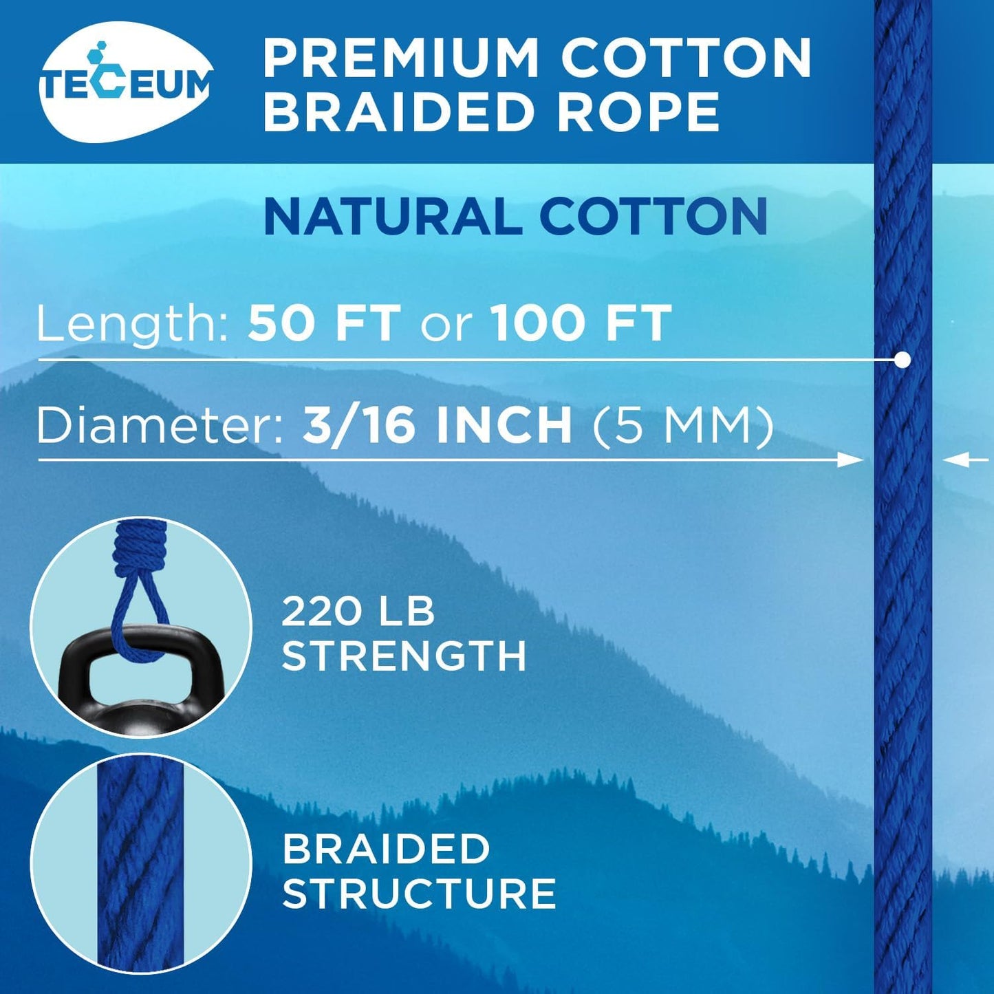 TECEUM Cotton Rope 3/16” (5 mm) – 100 FT – Strong All-Purpose Braided Rope – Natural Cotton – for Crafting, Сamping, Clothes Line, DIY, Indoor & Outdoor Use – Blue