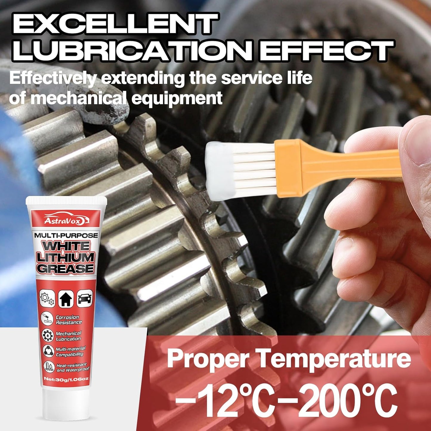 AstraVox White Lithium Grease, Multi-Purpose Lubricant Lithium Grease with Brush for Hinges, Bearings, Gears, and Garage Doors, Ideal for Automotive, Marine, Industrial, and Household Use (2)