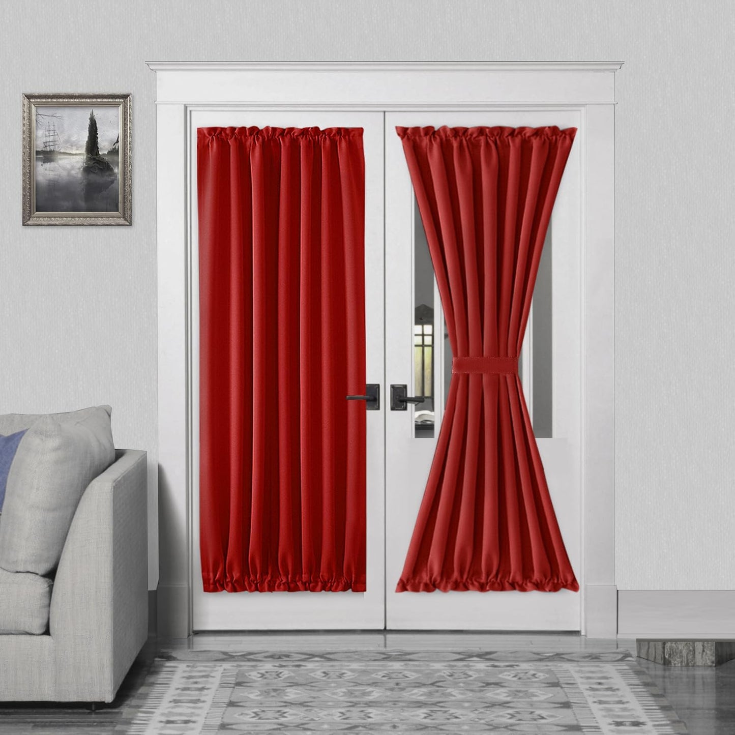 DWCN French Door Curtains – Rod Pocket Thermal Blackout Curtain for Doors with Glass Window, Christmas, Kitchen and Patio Doors for Privacy, 54 X 72 Inches Long, 1 Curtain Panel with Tieback, Red