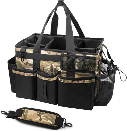 Wearable Cleaning Caddy Organizer with Handle & Shoulder Straps for Housekeepers, Under Sink & Car Cleaning Tool Organizer Bag with 4 Foldable Dividers (Camouflage)