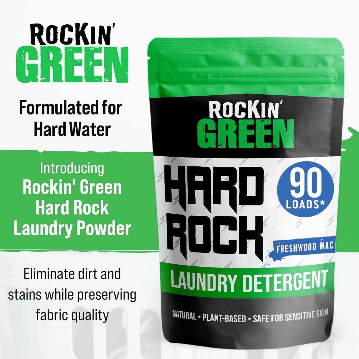 Rockin' Green Hard Rock Laundry Detergent for Hard Water (90 Loads), Plant based, Natural Laundry Detergent Powder, Biodegradable Odor Fighter, Safe for Sensitive Skin, 45 oz (Freshwood Mac)